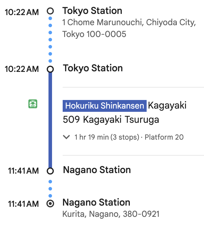 A Google Maps screenshot showing the Shinkansen route from Tokyo to Nagano.