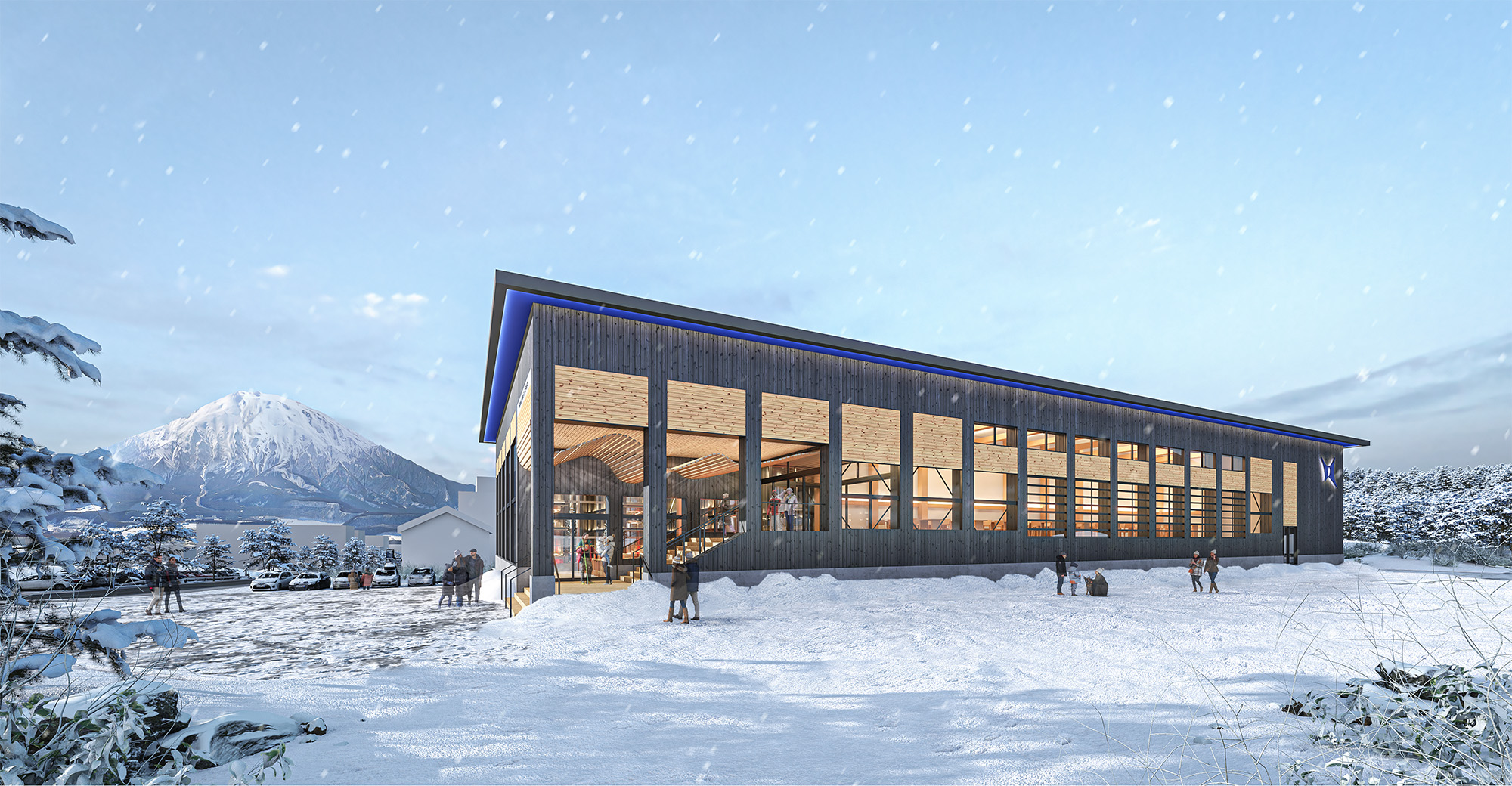 alpen-node-hirafu Modern lodge-style building in a snowy landscape with large windows, surrounded by visitors and a mountain backdrop in winter.