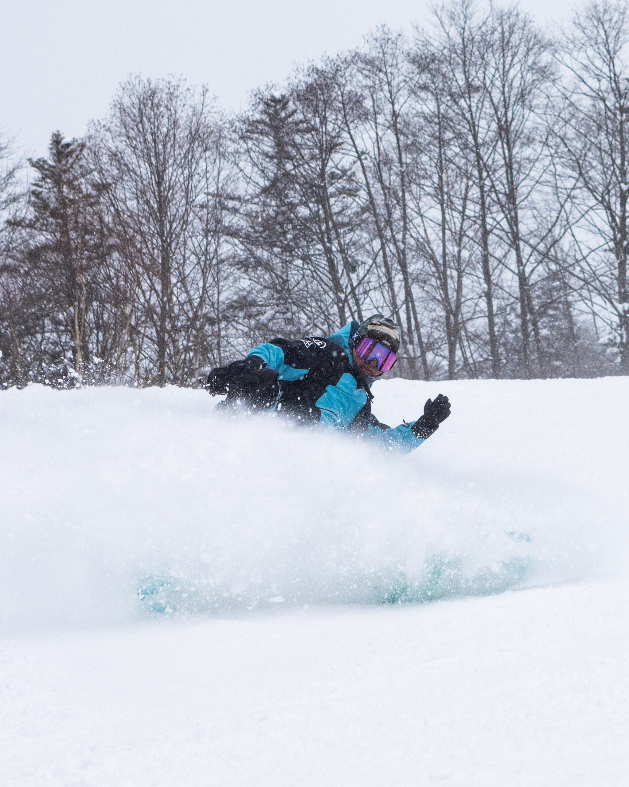 Skier in bright orange jacket carving through deep powder snow among frosty birch trees on a sunny winter day.